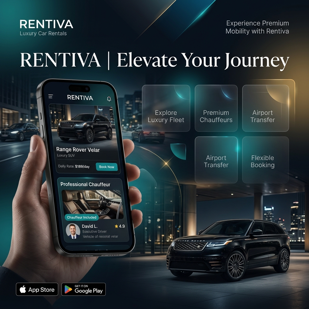 Rentiva Car Rental Mobile Application Interface Preview displaying Range Rover Velar and Chauffeur Driver Profile cards